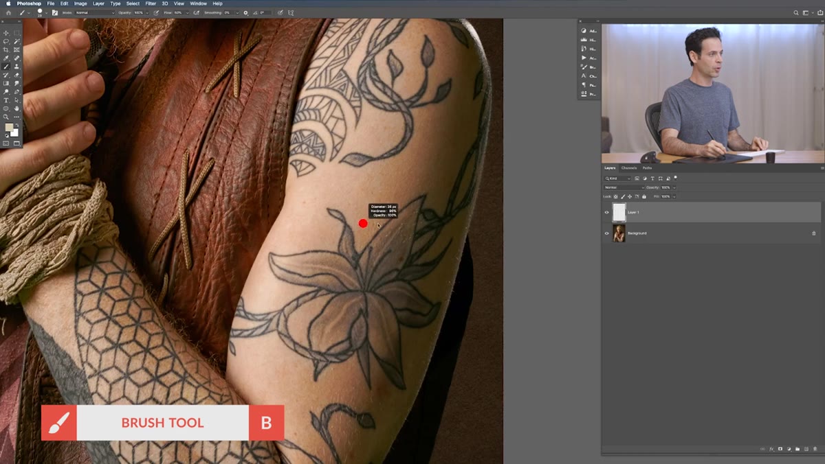 Brush tool selected with flow set to 30 percent