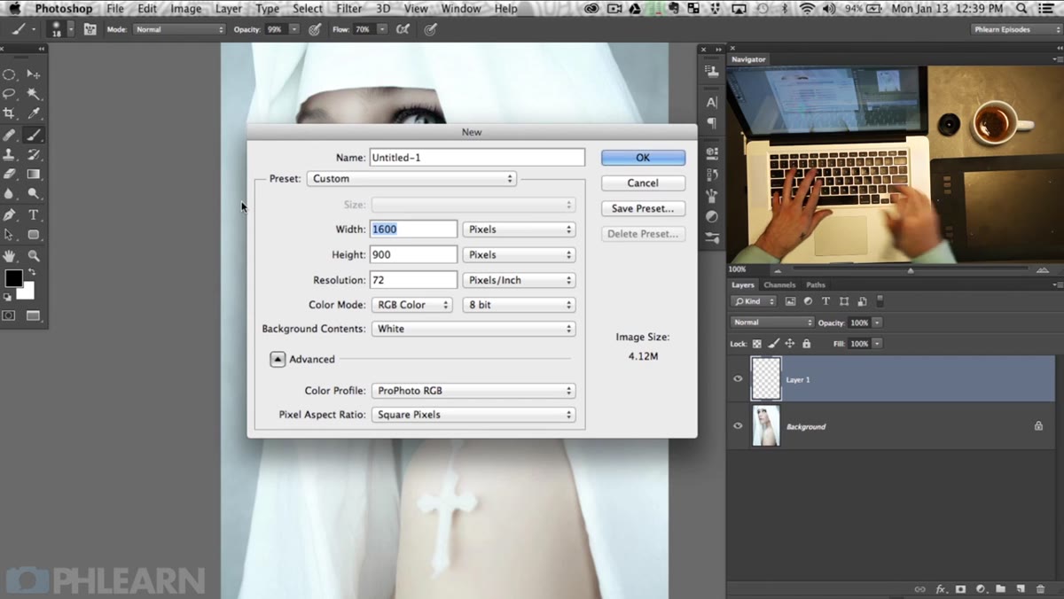 Blank 500x500 pixel canvas open in Photoshop