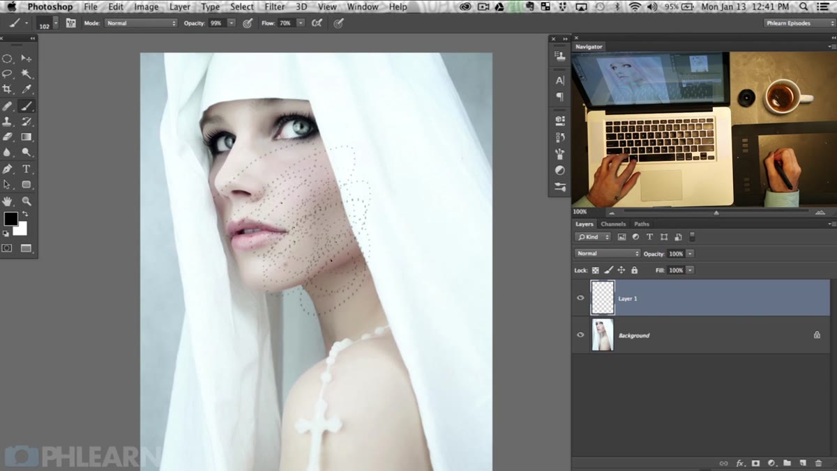 Custom brush applied at reduced size over portrait skin