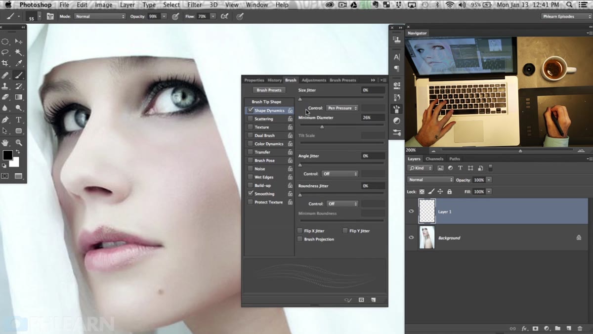 Brush panel open showing Shape Dynamics settings