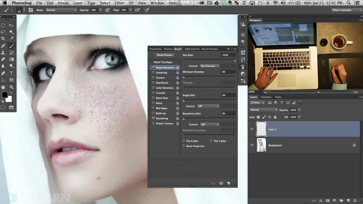 Texture layer painted over skin, opacity reduced in layers panel