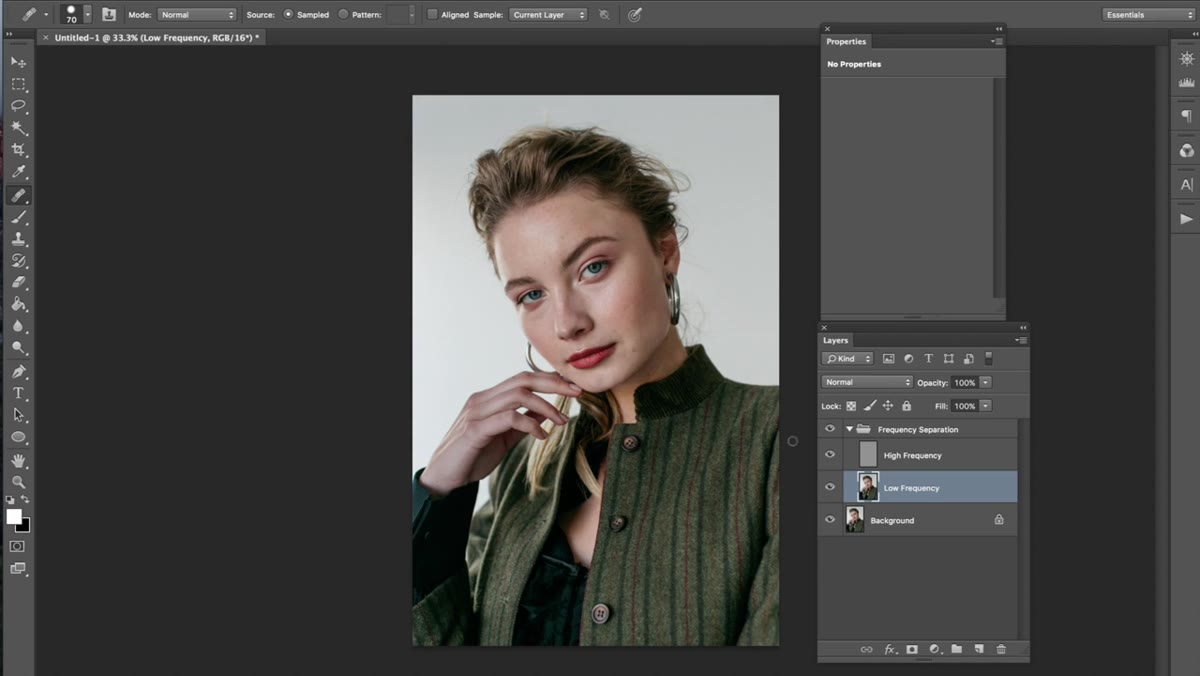 Frequency separation folder visible in Photoshop layers panel