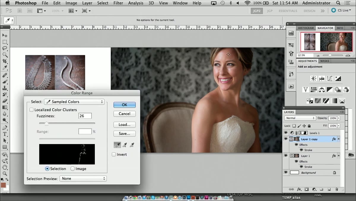Color Range dialog selecting skin tones across the composite