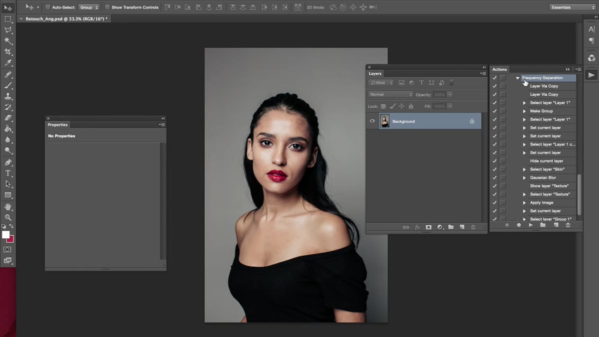 Photoshop action applied, frequency separation layers visible in panel