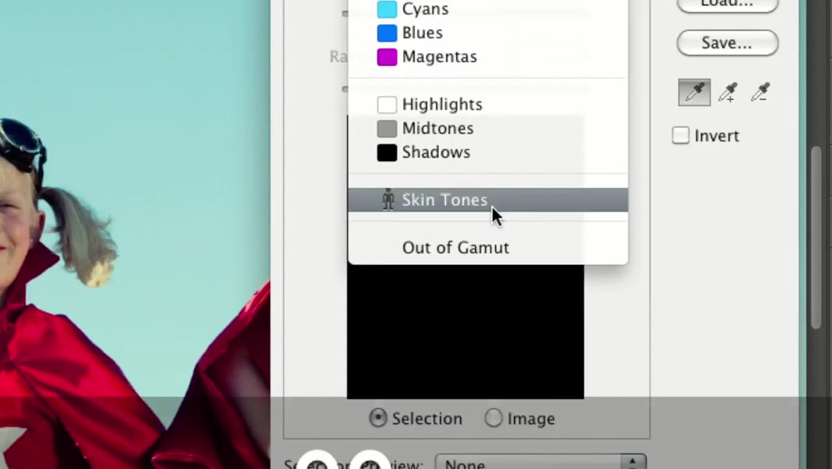 Color Range dialog open with Select dropdown showing Skin Tones option