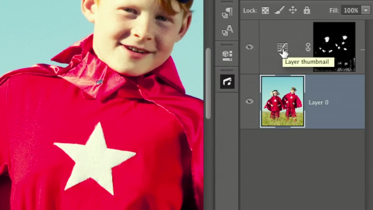 Mask thumbnail on adjustment layer showing white face and hand areas