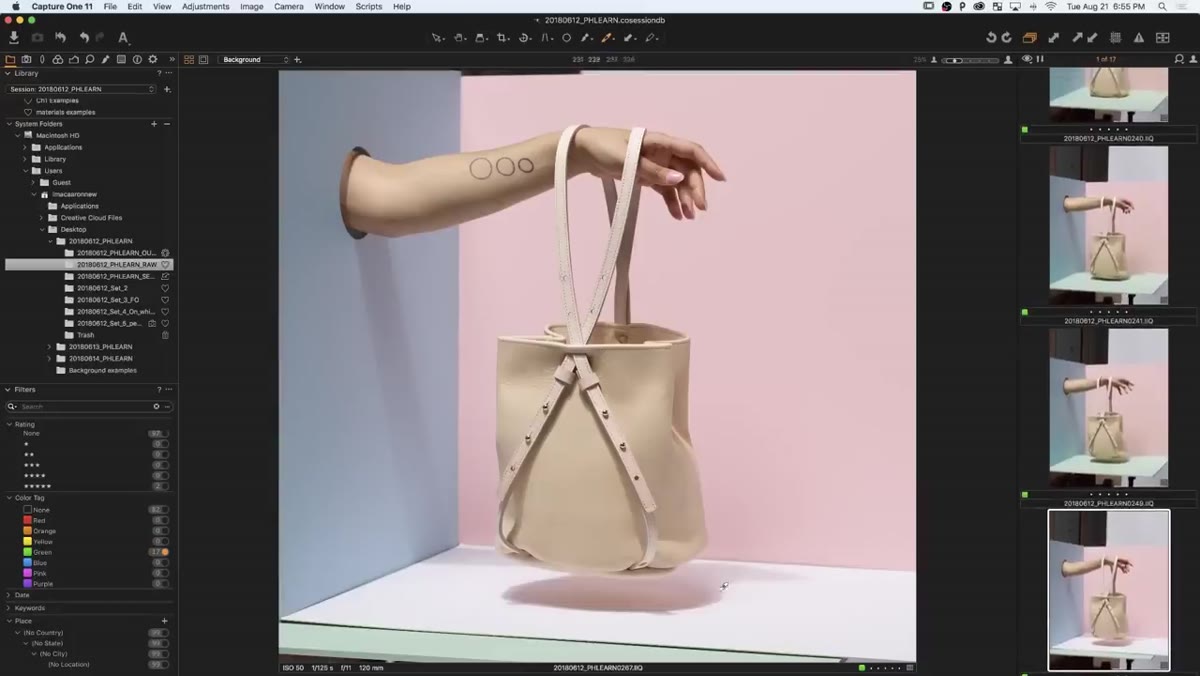 Side-by-side comparison of hard versus soft shadow beneath bag
