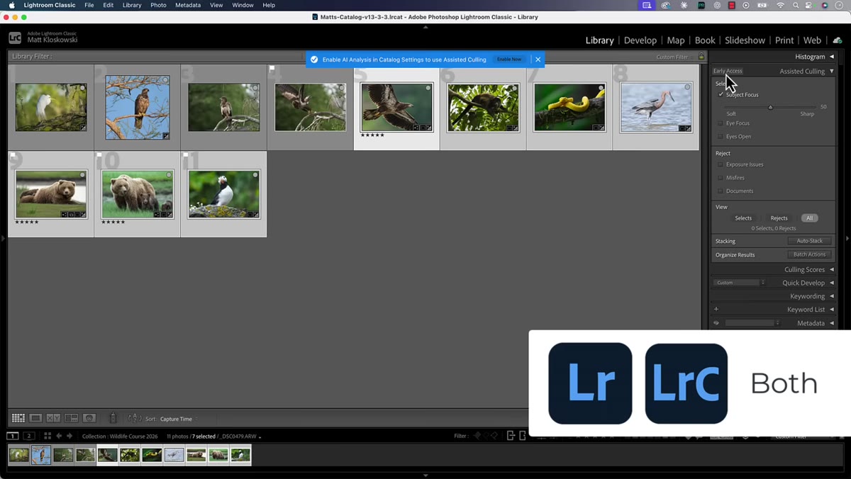 Assisted culling option visible in Library module menu