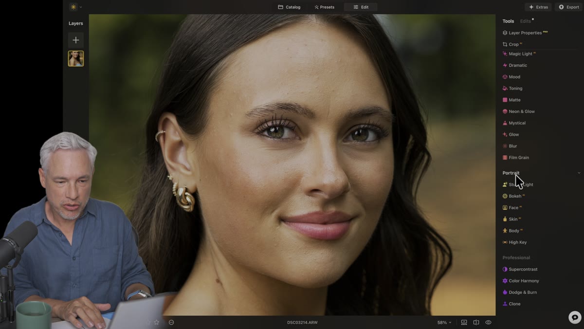Portrait tab open, Skin section visible with sliders