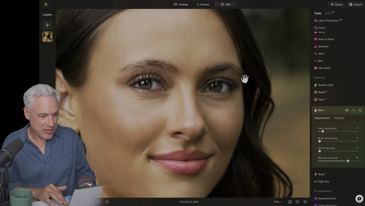 Before/after split view zoomed in on skin texture