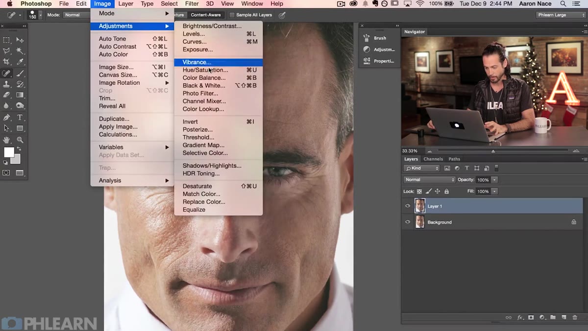 Image menu open with Adjustments submenu visible
