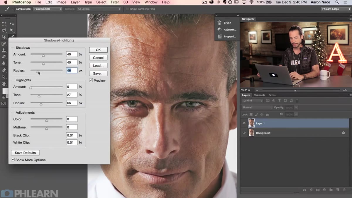Radius slider being adjusted in Shadows/Highlights dialog