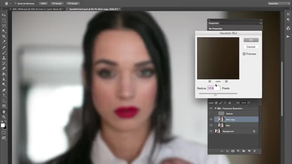 Gaussian Blur dialog box open with skin layer selected