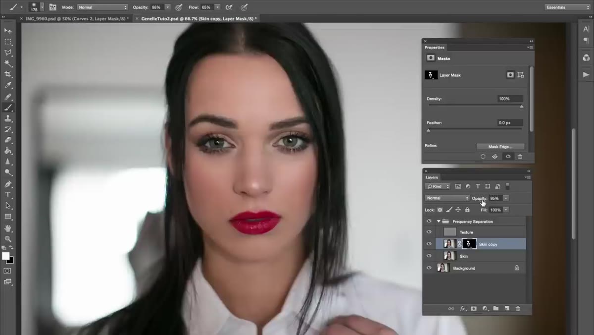 Layer opacity slider being adjusted on the blurred skin layer