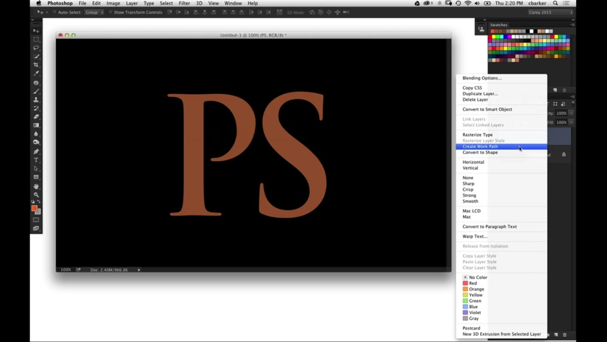 Right-click menu showing &ldquo;Create Work Path&rdquo; on text layer