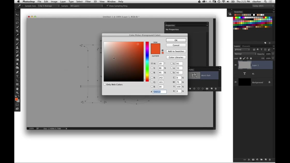 All paths selected, color fill dialog open in Photoshop