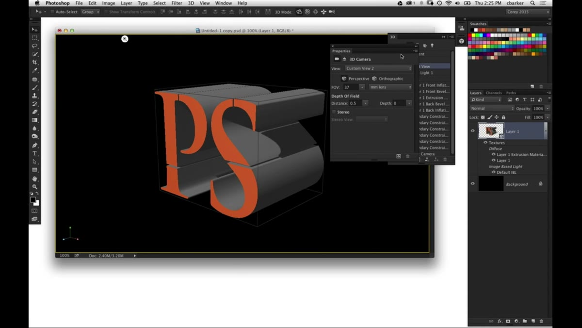 3D extrusion depth slider being reduced in Properties panel