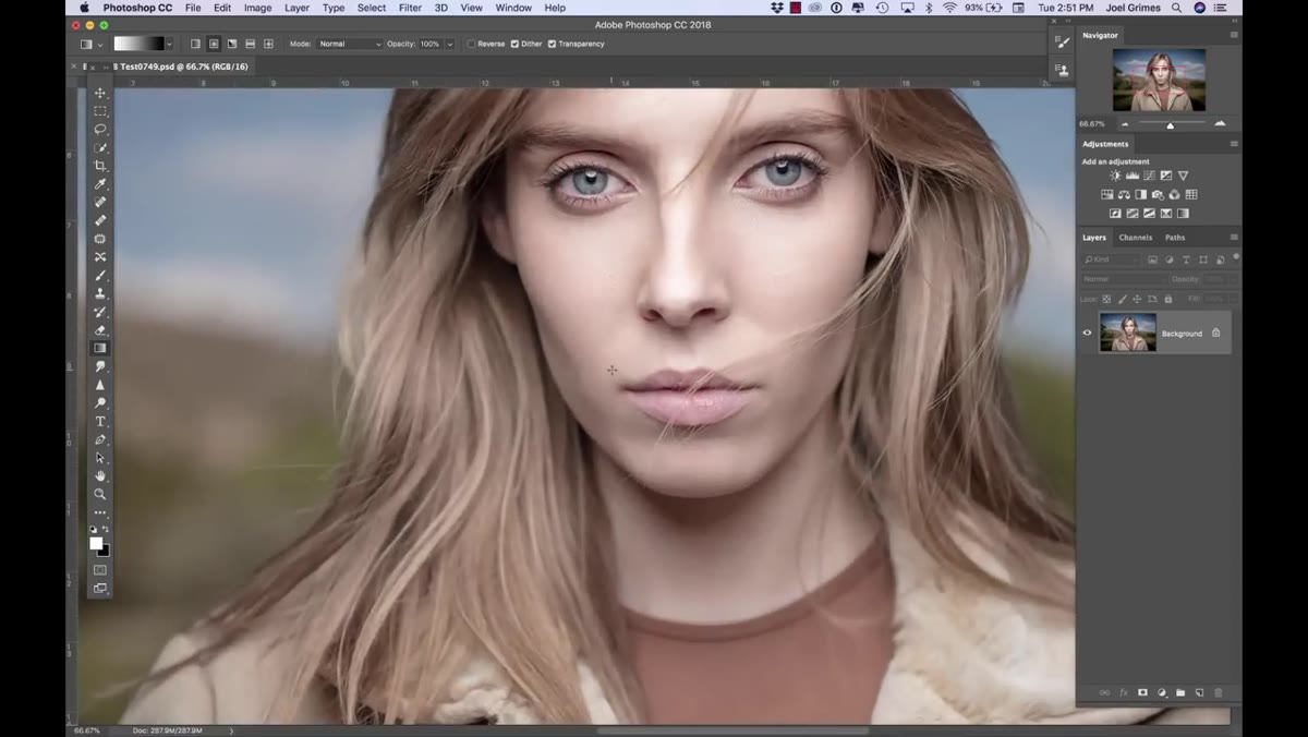 A lightly retouched portrait open in Photoshop