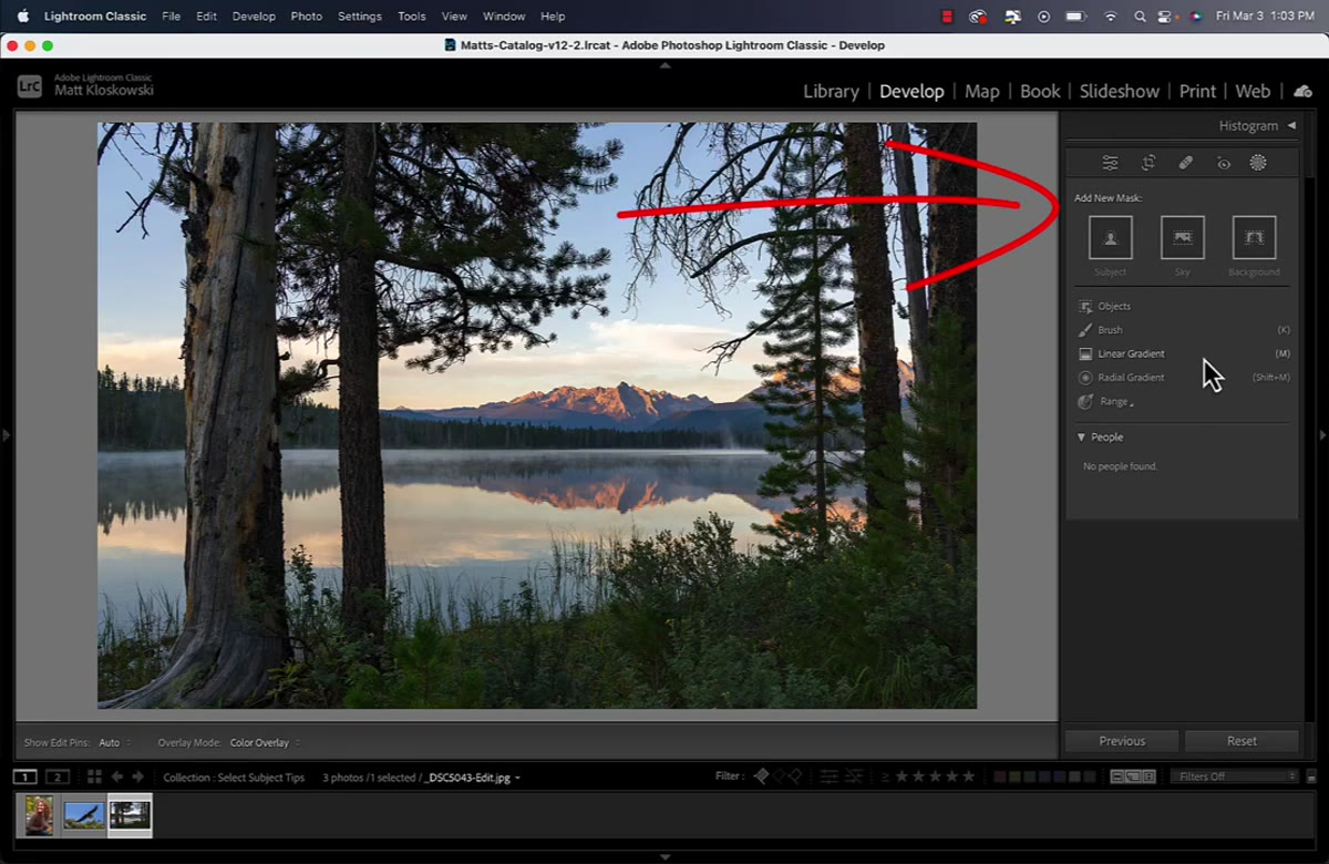 Lightroom masking panel open, subject selected