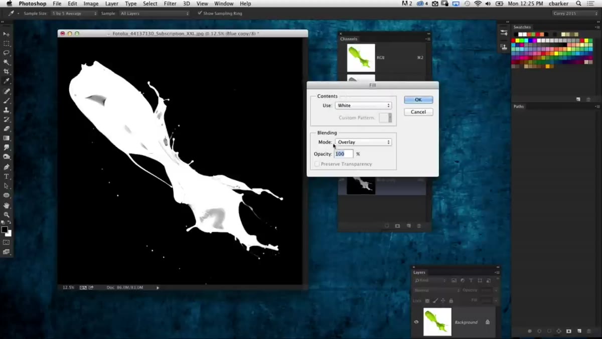 Fill dialog box showing white fill with Overlay blend mode selected