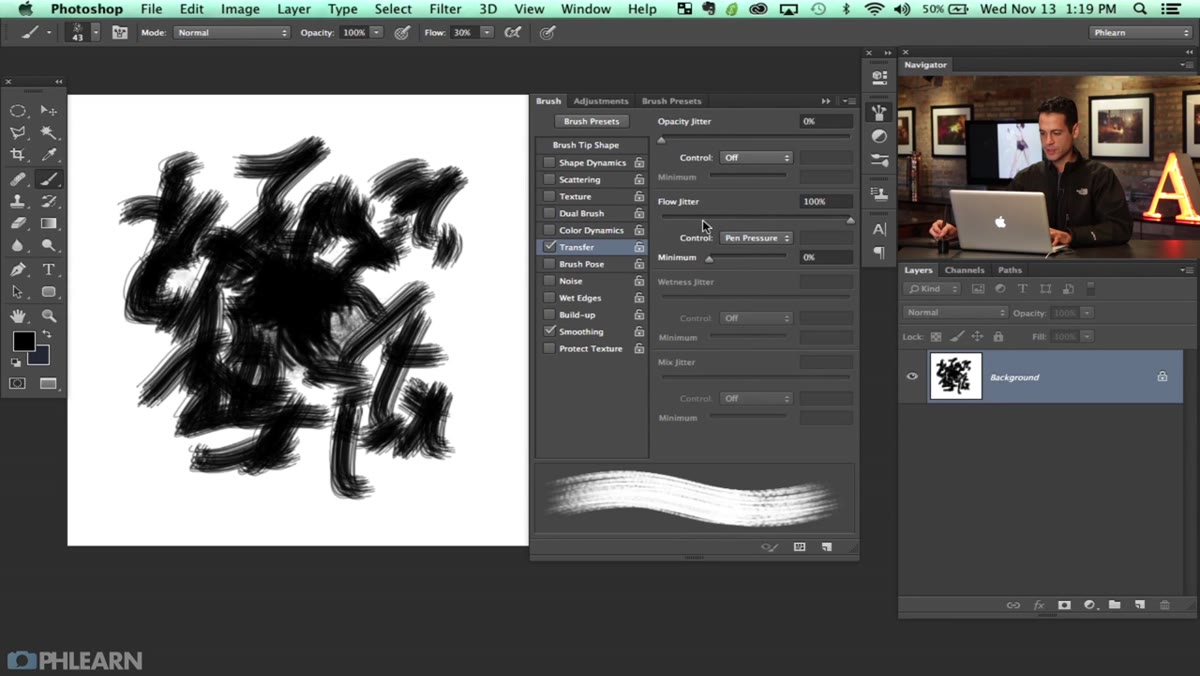 Brush panel open with Transfer selected, Flow Jitter at minimum