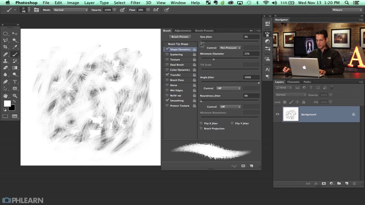 Brush Settings panel showing Shape Dynamics tab selected