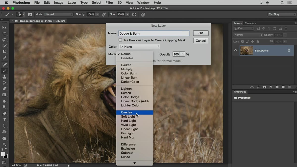 Layer dialog showing blend mode dropdown set to Overlay