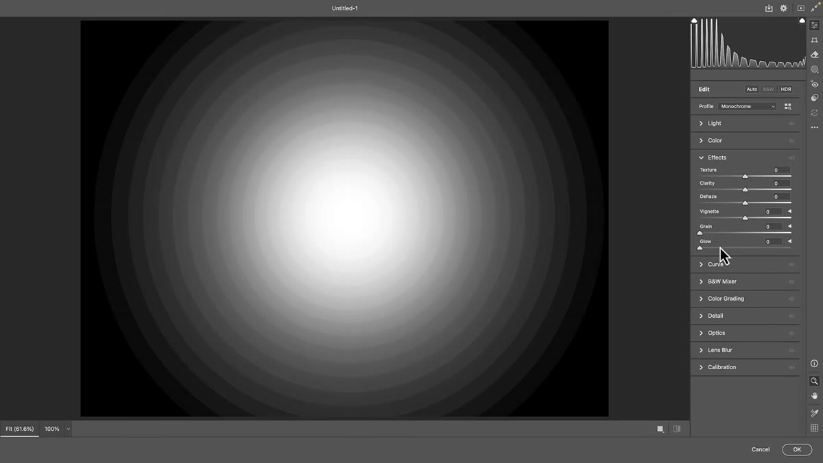 Effects panel open showing new Glow slider in Camera Raw