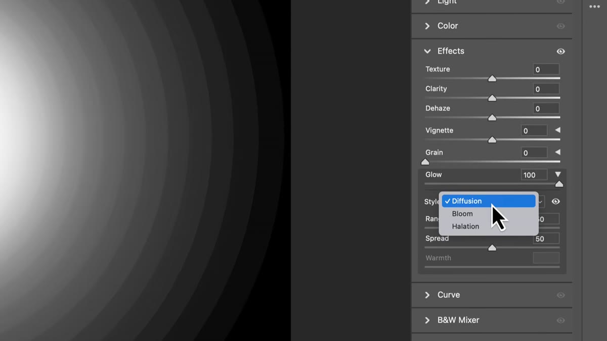 Style dropdown showing Diffusion, Bloom, and Halo options