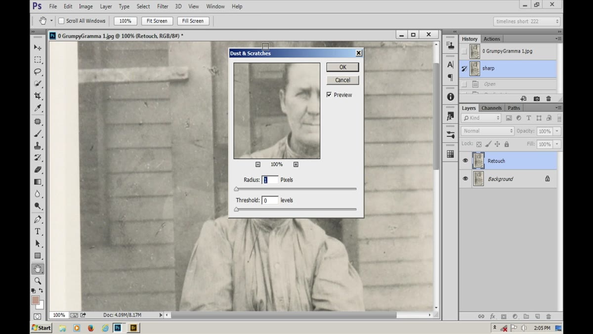 Filter menu open with Dust and Scratches dialog visible