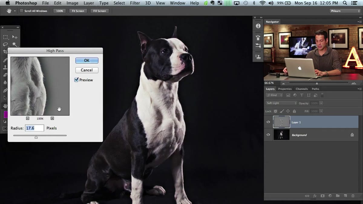 High Pass filter dialog with radius slider in Filter menu