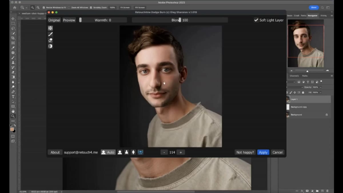 Dodge and burn preview showing bright and dark areas mapped across face