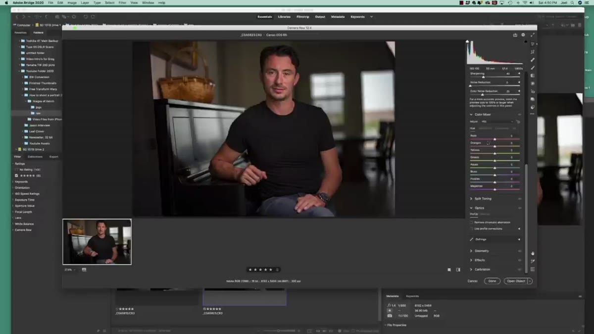 HSL panel open, orange hue slider being adjusted