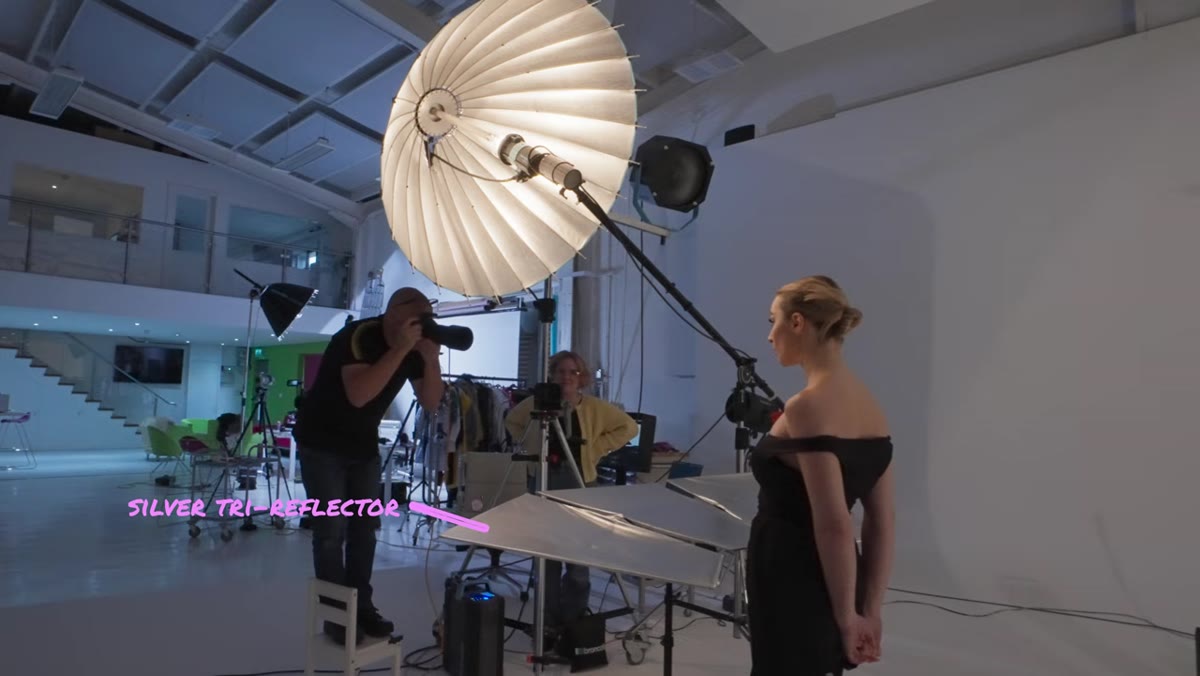 Silver tri-reflector positioned below model bouncing light upward