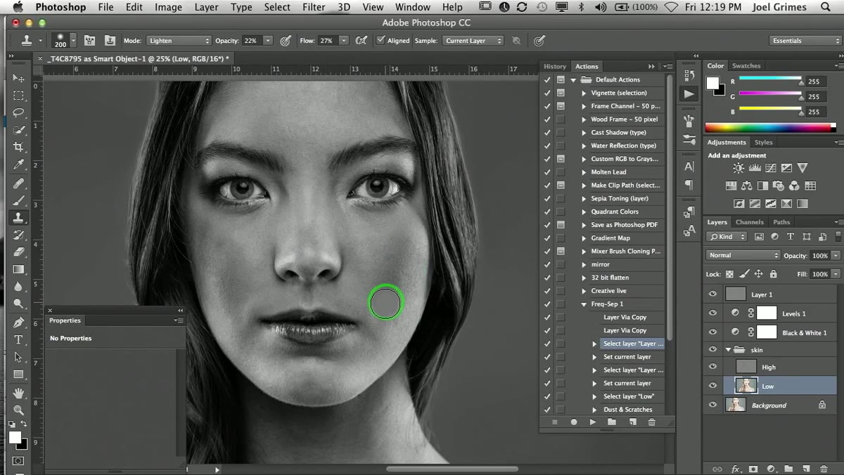 Levels adjustment toggled to reveal uneven tone on cheek