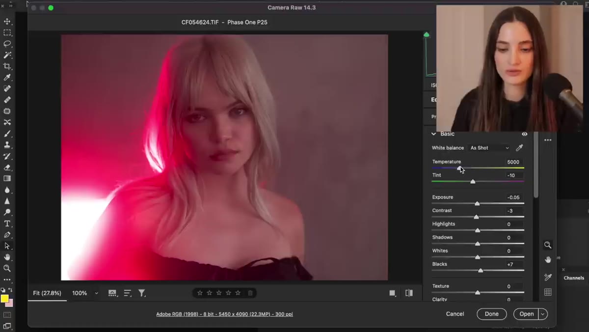 Camera Raw panel open with portrait of Zoe loaded