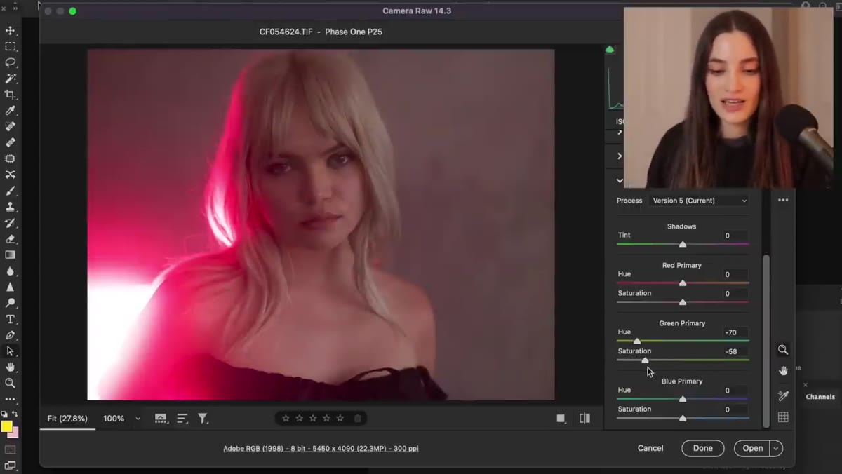 Red primary hue slider being adjusted in Calibration panel