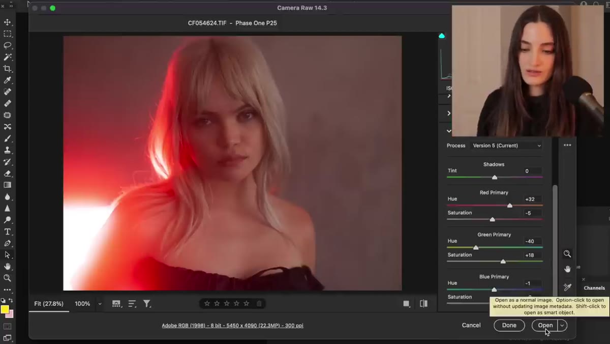 Clicking Open button to bring image from Camera Raw into Photoshop