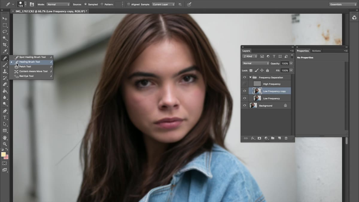 Healing brush tool selected with brush settings panel open