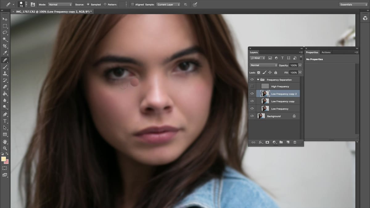 Under-eye area being blended on low frequency layer